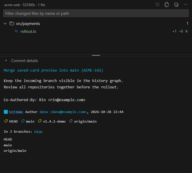 Read colored references and complete metadata, resize or hide the details, and search the commit's files