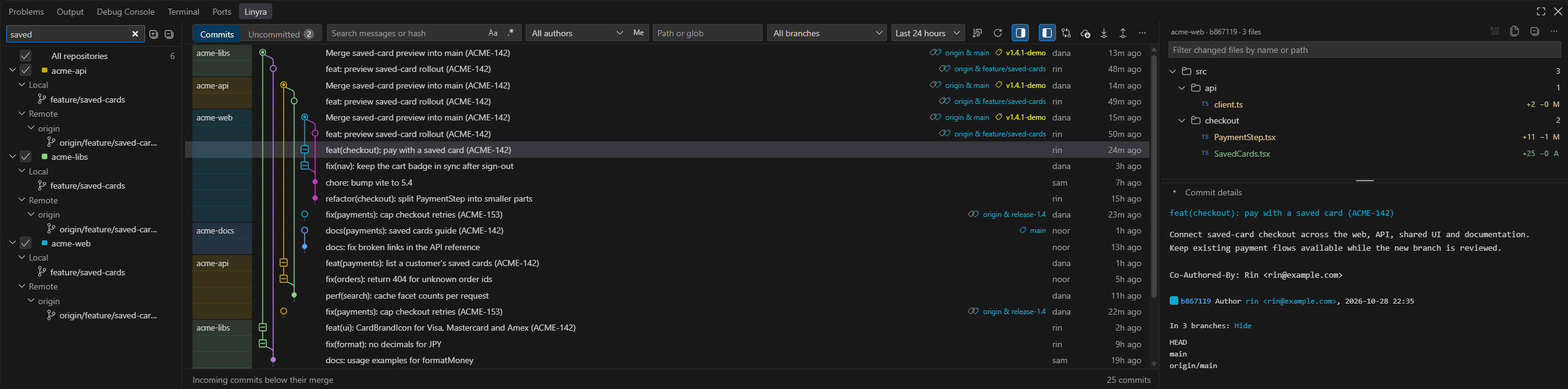 The Repositories tree searched for a branch name: each repository opens onto its Local and Remote branches