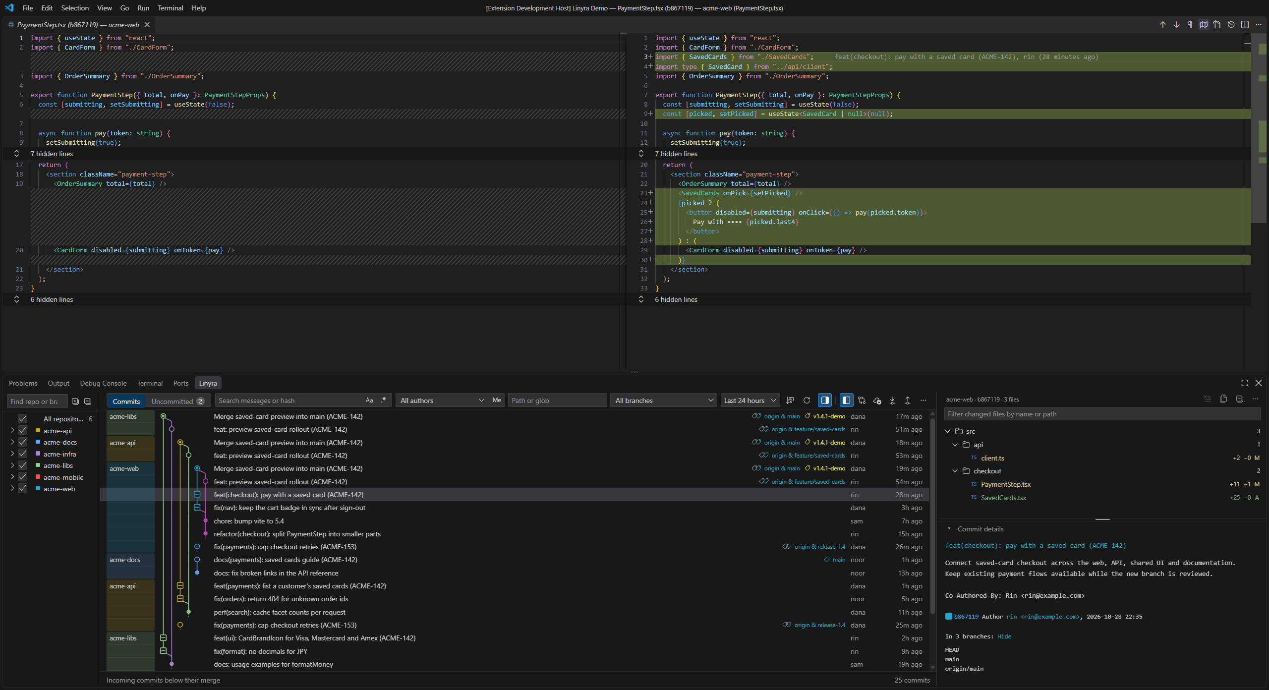 Merged history with real branch lanes, repository bands, changed files and a native diff above
