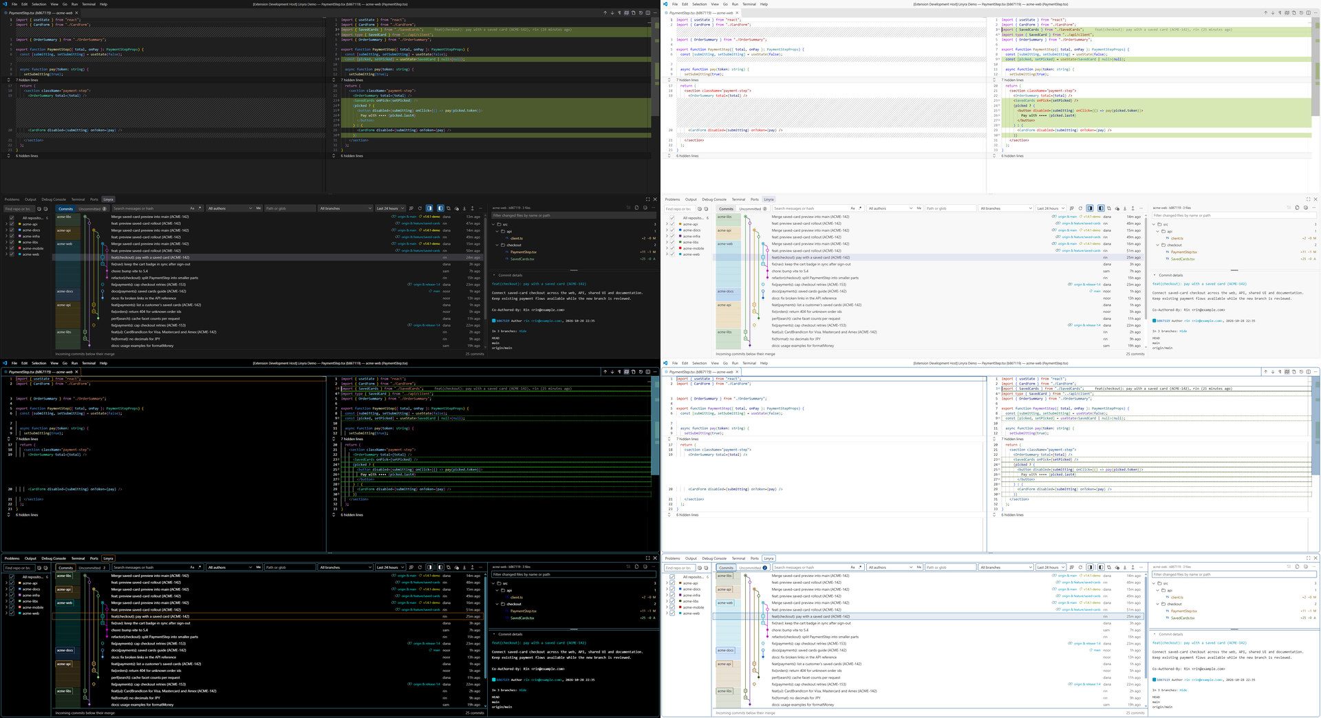 The same real workspace in dark, light and both high-contrast themes