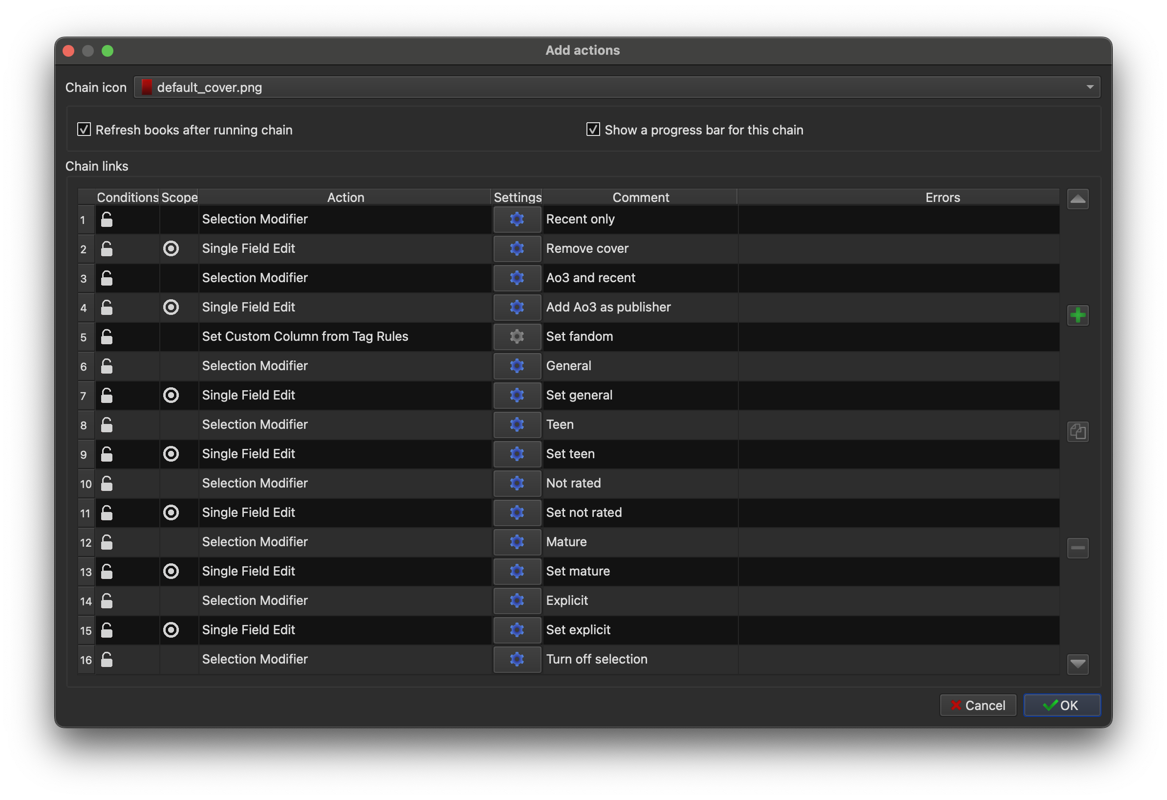 Example of Action Chain configured to set fandom and rating.