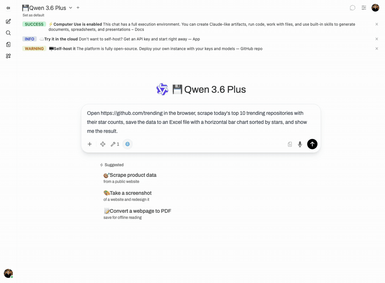 Demo: Qwen 3.6 Plus scrapes GitHub Trending, builds an Excel chart, and ships an editorial web dashboard — all in one chat