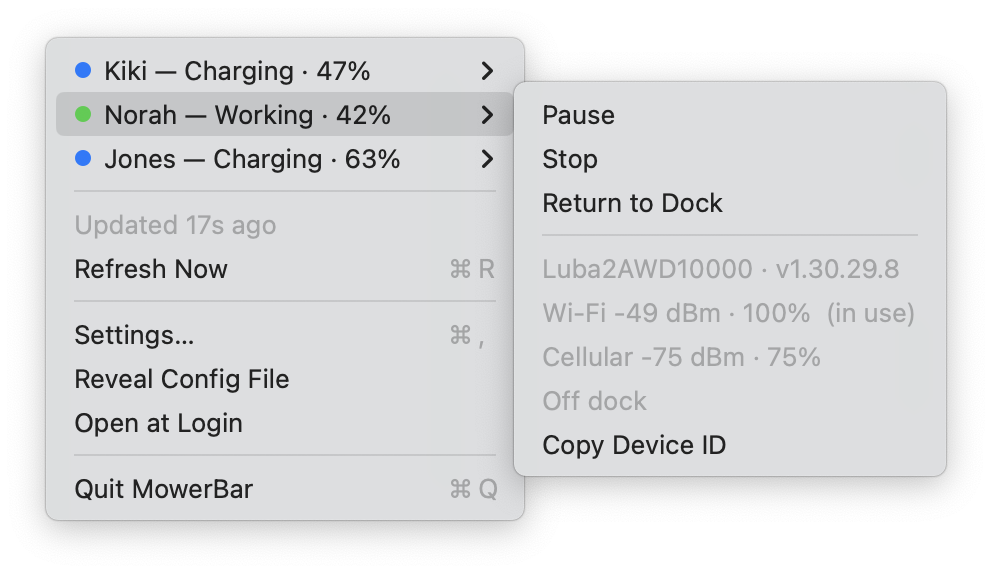 A mower's submenu showing Wi-Fi -49 dBm · 100% (in use) above Cellular -75 dBm · 75%