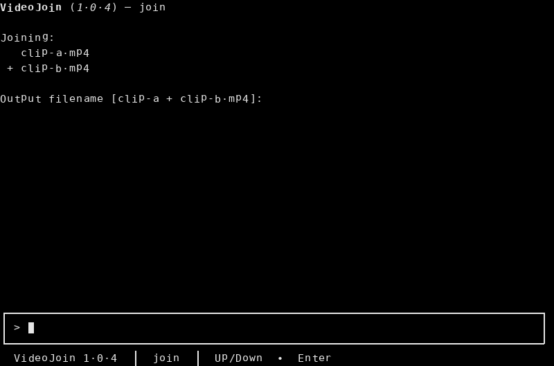 Output name, default clip-a + clip-b.mp4, box empty