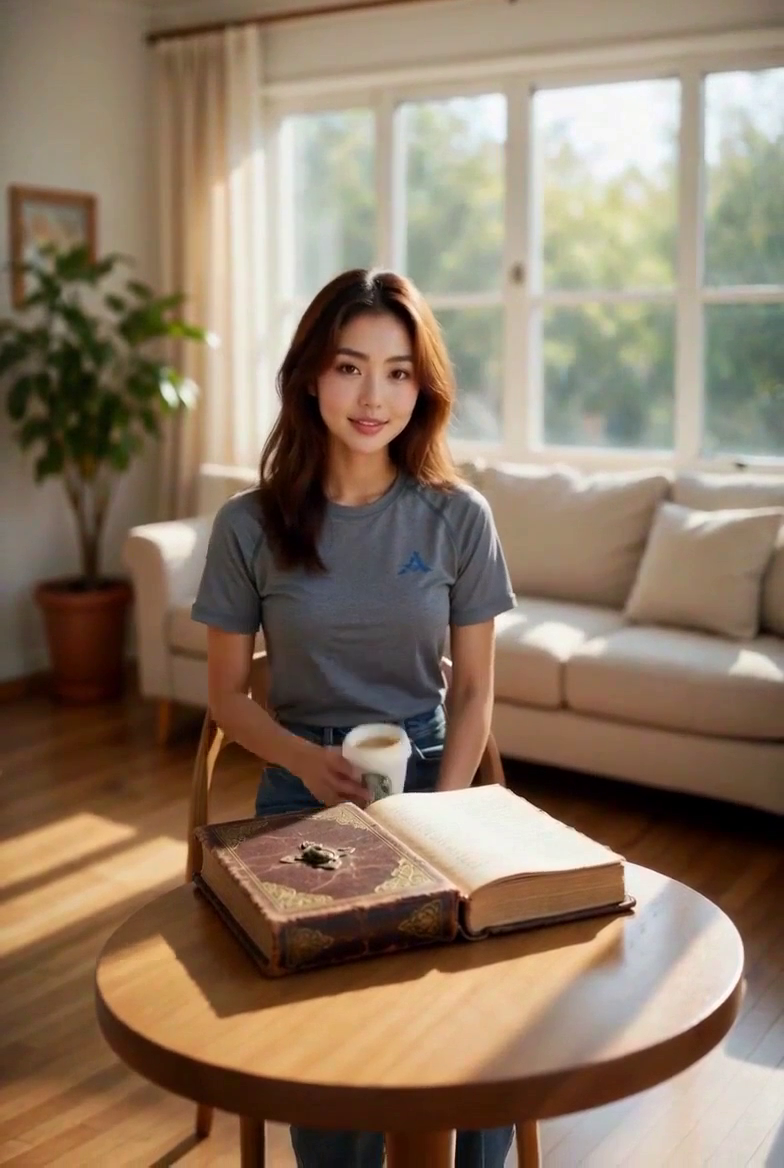 Woman at a table with an open book and a cup