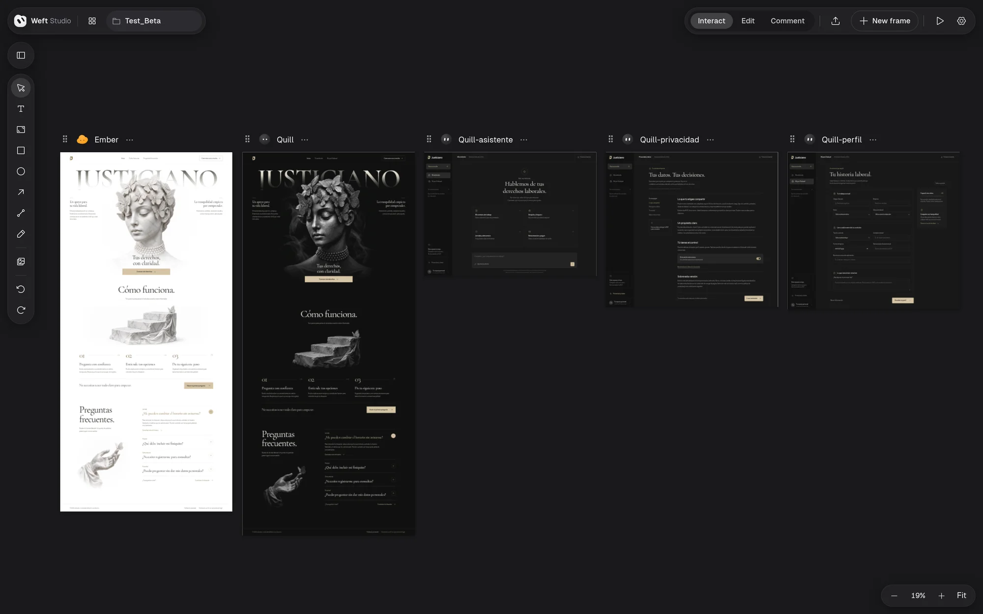 Three designs side by side on the canvas: a travel landing page, a coffee ordering app and an analytics dashboard