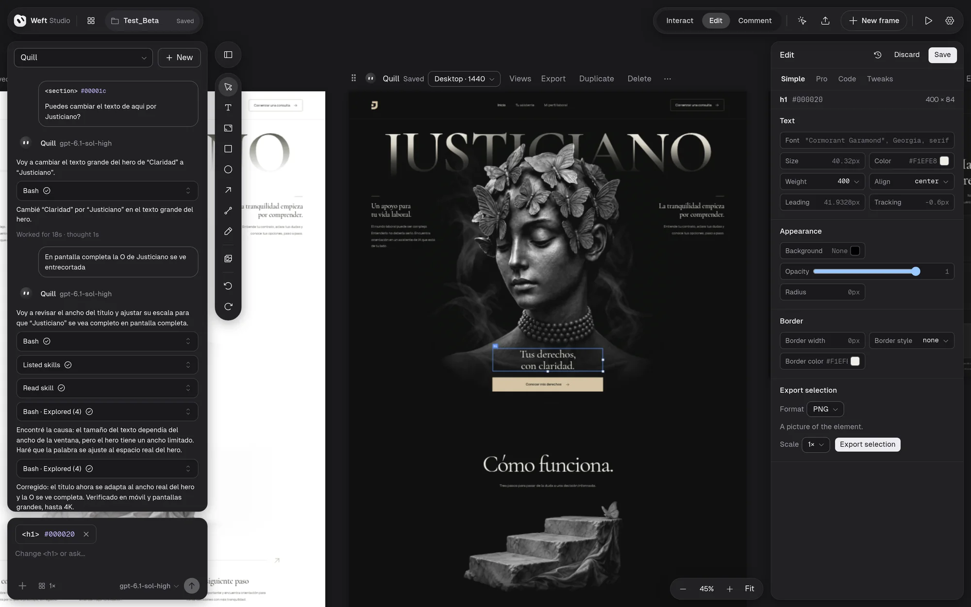The Weft Studio editor: a landing page on the canvas with its headline selected, the style inspector on the right and a request to the agent in the chat