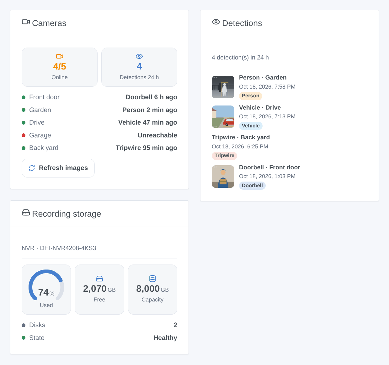 The Cameras, Detections and Recording storage widgets (generated illustration, not a screenshot)
