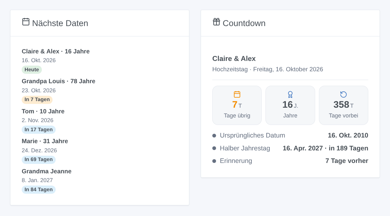 Die zwei Widgets der Integration: nächste Daten und Countdown eines Hochzeitstags (generierte Illustration, kein Screenshot)