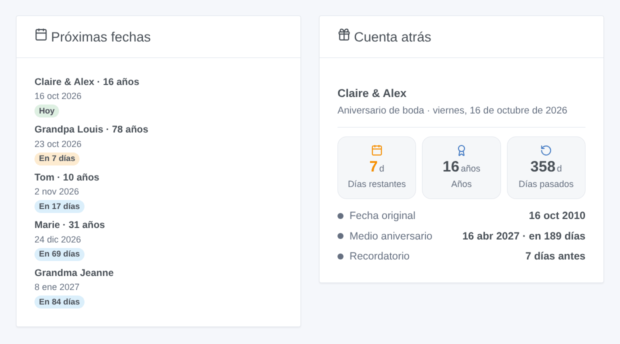 Los dos widgets de la integración: próximas fechas y cuenta atrás de un aniversario de boda (ilustración generada, no una captura de pantalla)