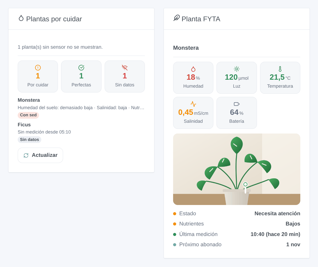 Los dos widgets: las plantas por cuidar (una Monstera con sed, un Ficus sin datos) y una planta con su foto, sus medidas y sus estados (ilustración generada, no una captura de pantalla)