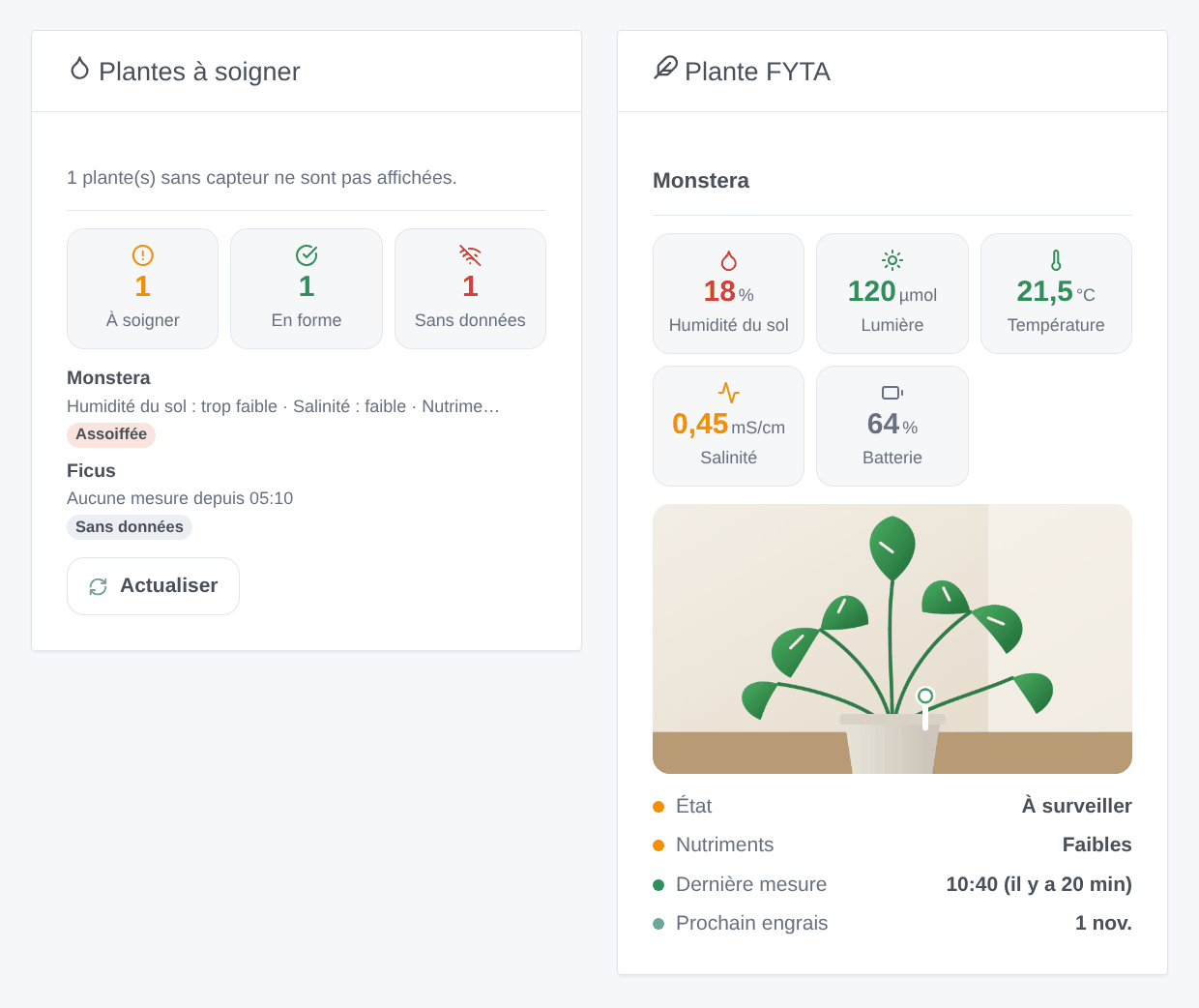 Les deux widgets : les plantes à soigner (un Monstera assoiffé, un Ficus sans données) et une plante avec sa photo, ses mesures et ses états (illustration générée, pas une capture d’écran)