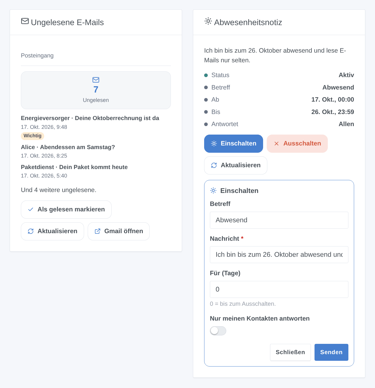 Das Widget der ungelesenen E-Mails und das der Abwesenheitsnotiz mit geöffnetem Formular Einschalten (generierte Illustration, kein Screenshot)