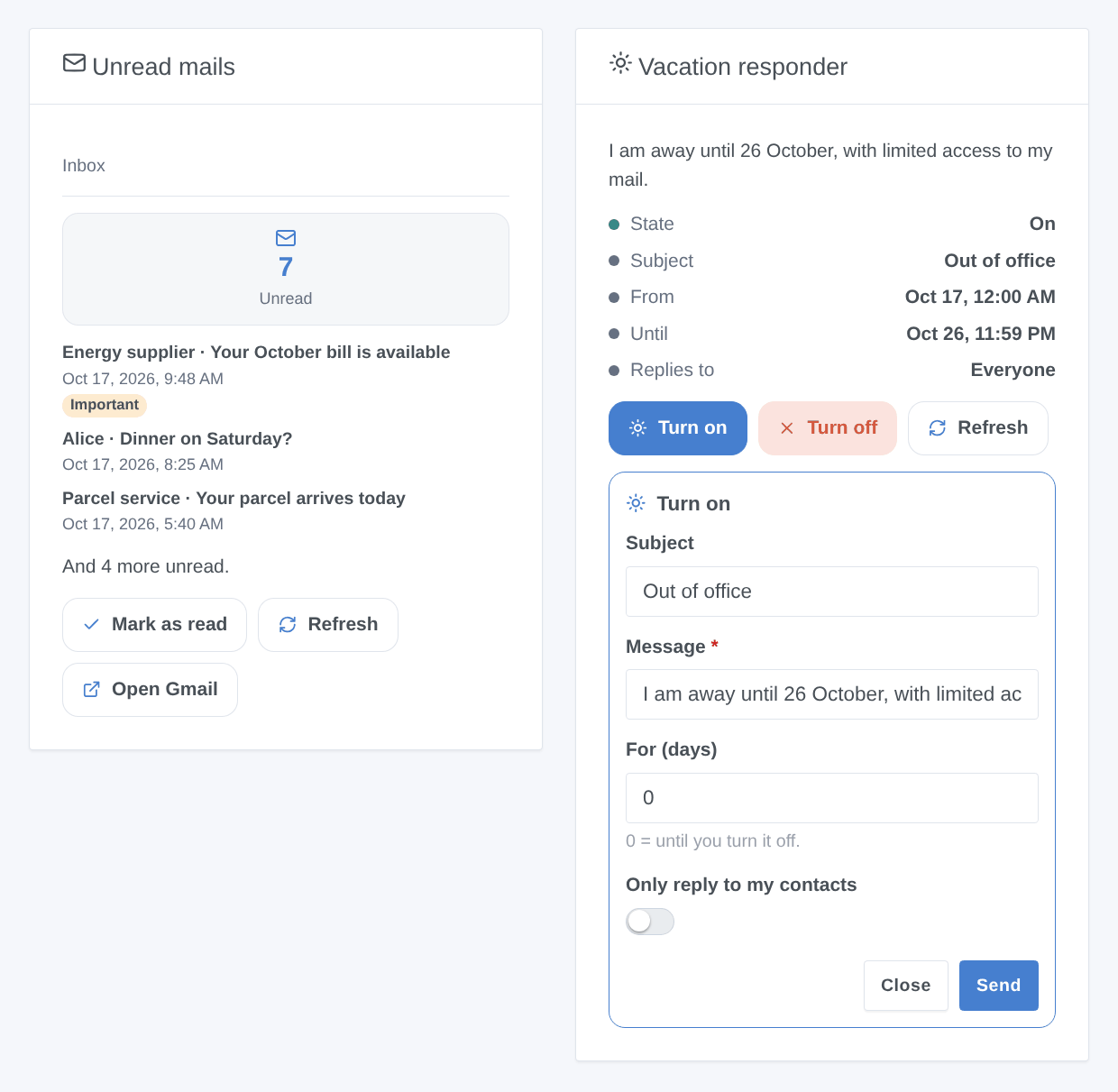 The unread mails widget and the vacation responder widget with its Turn on form open (generated illustration, not a screenshot)