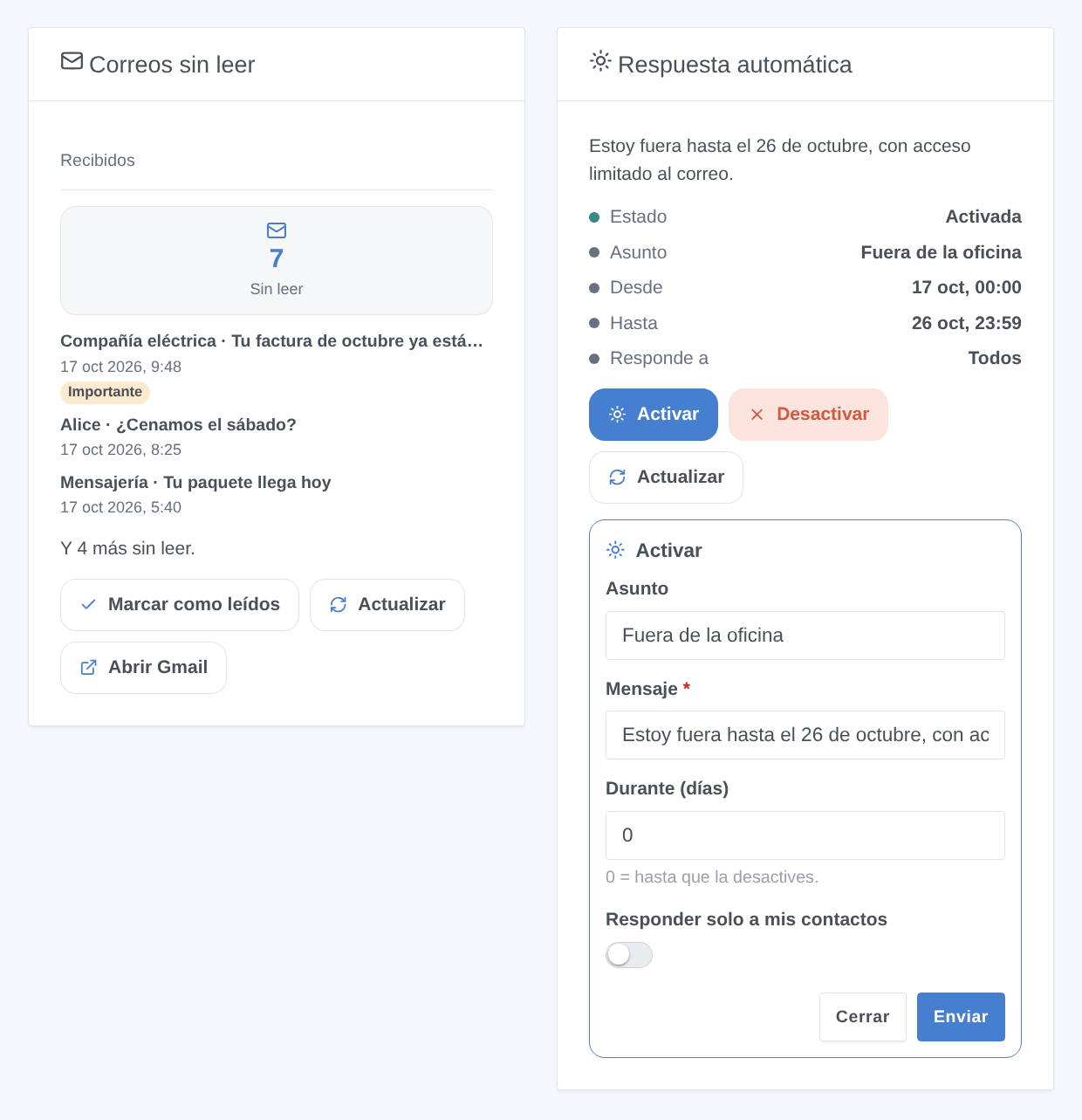 El widget de correos sin leer y el de la respuesta automática con su formulario Activar abierto (ilustración generada, no una captura de pantalla)