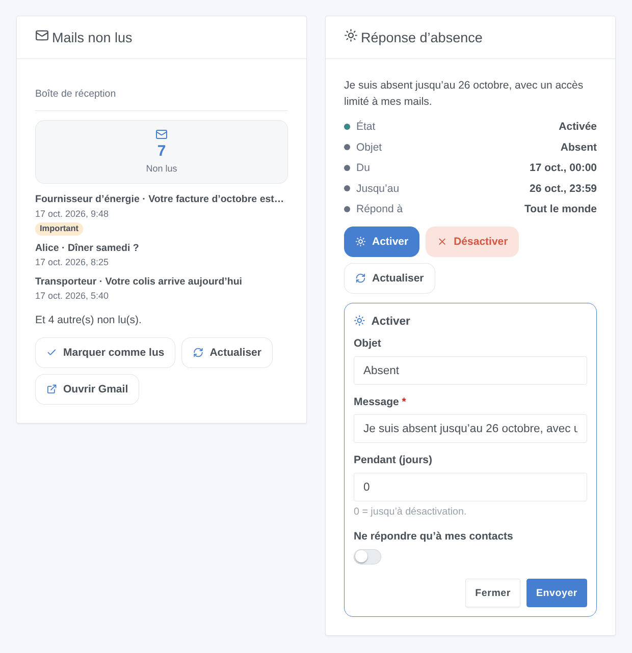 Le widget des mails non lus et celui de la réponse d’absence avec son formulaire Activer ouvert (illustration générée, pas une capture d’écran)