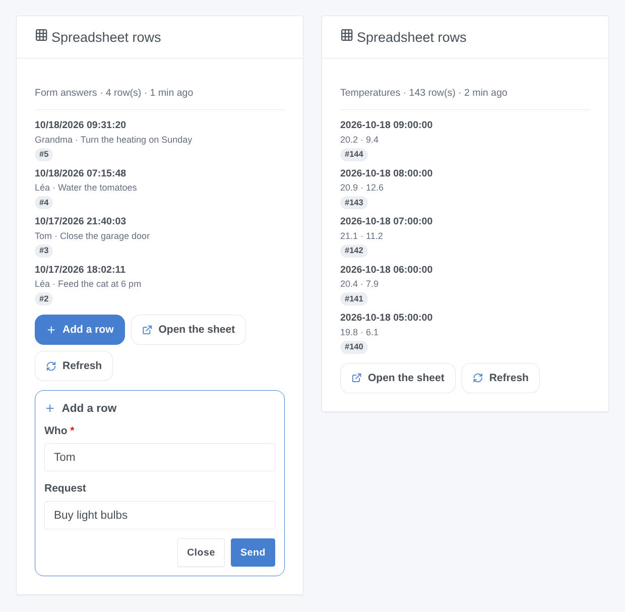 The "Spreadsheet rows" widget with its "Add a row" form open, and a temperature log (generated illustration, not a screenshot)