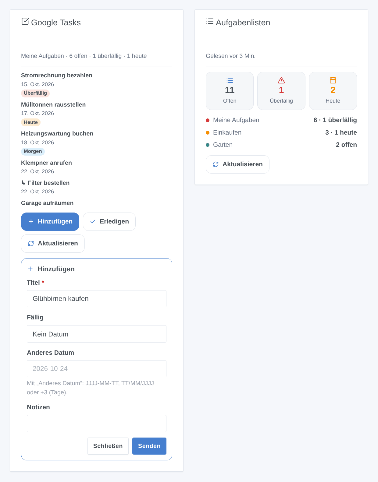 Das Google-Tasks-Widget mit geöffnetem Formular Hinzufügen und die Übersicht der Listen (generierte Illustration, kein Screenshot)