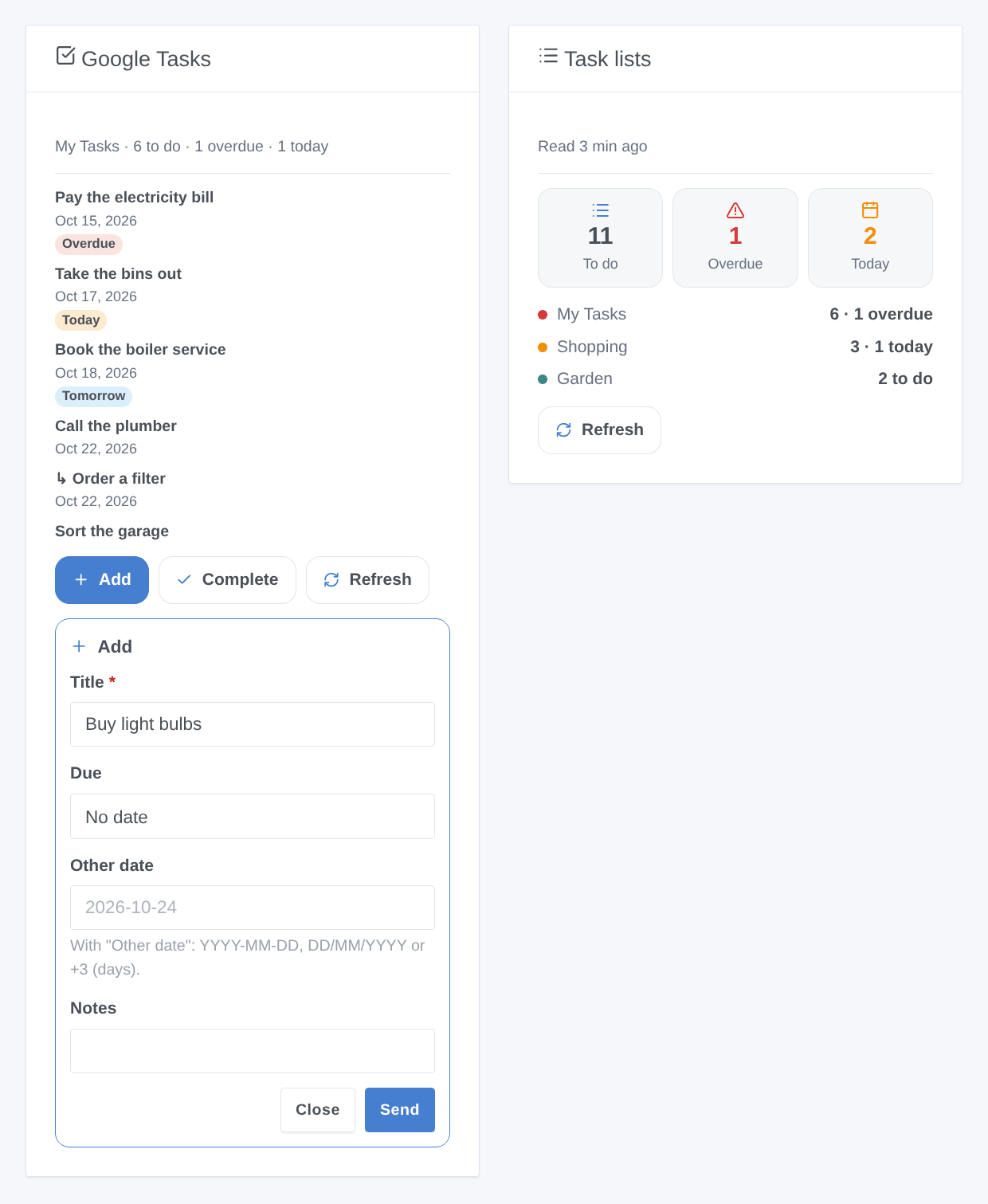 The Google Tasks widget with its Add form open, and the overview of the lists (generated illustration, not a screenshot)