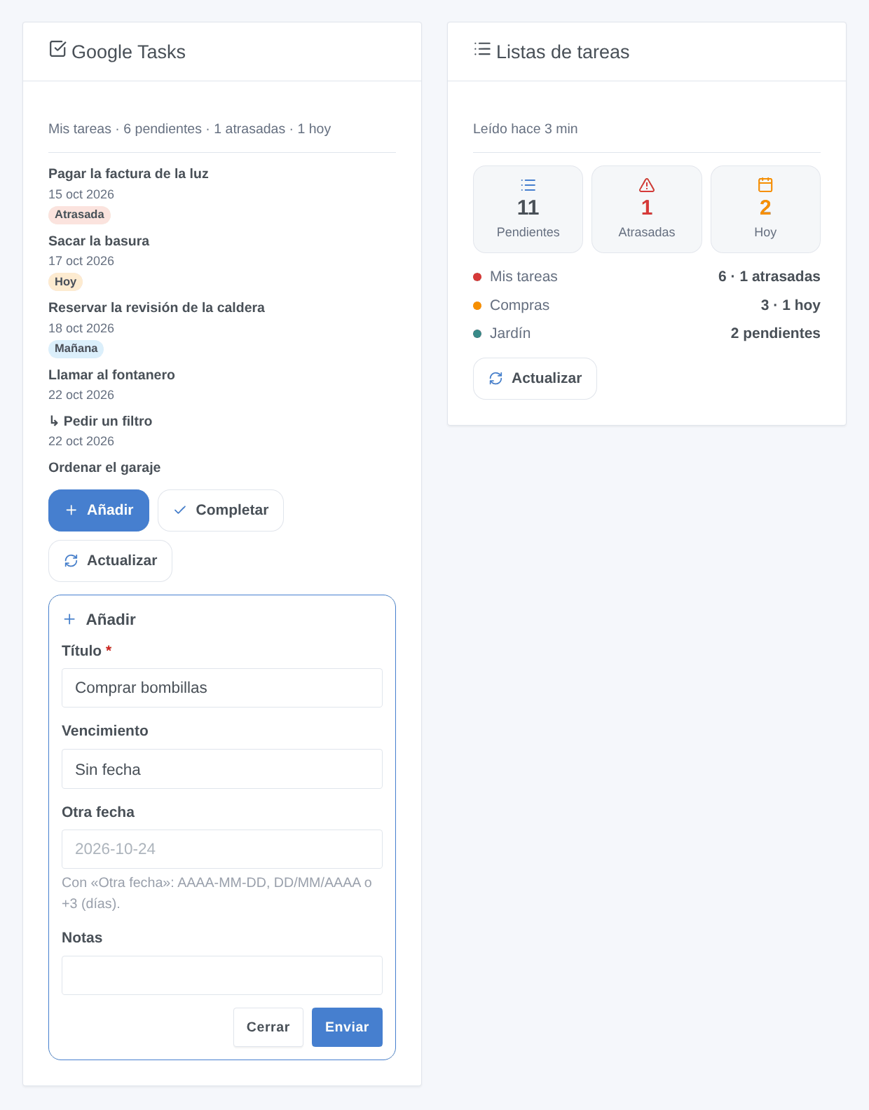 El widget Google Tasks con su formulario Añadir abierto, y el resumen de las listas (ilustración generada, no es una captura de pantalla)