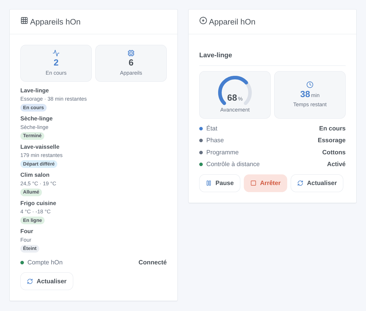 Les widgets « Appareils hOn » et « Appareil hOn » : état, phase et temps restant de chaque appareil, avancement du lave-linge avec ses boutons pause et arrêt (illustration générée, pas une capture d’écran)