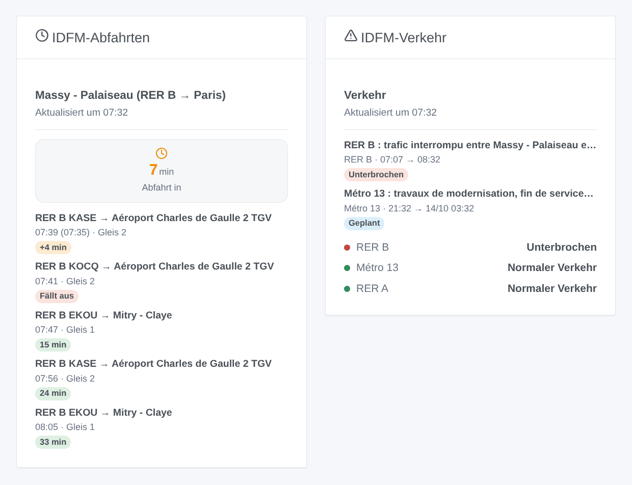 Das Widget „IDFM-Abfahrten“ (die nächsten RER B in Massy - Palaiseau, einer verspätet, einer fällt aus) neben dem Widget „IDFM-Verkehr“ (RER B unterbrochen, Bauarbeiten auf Linie 13 geplant) — generierte Illustration, kein Screenshot