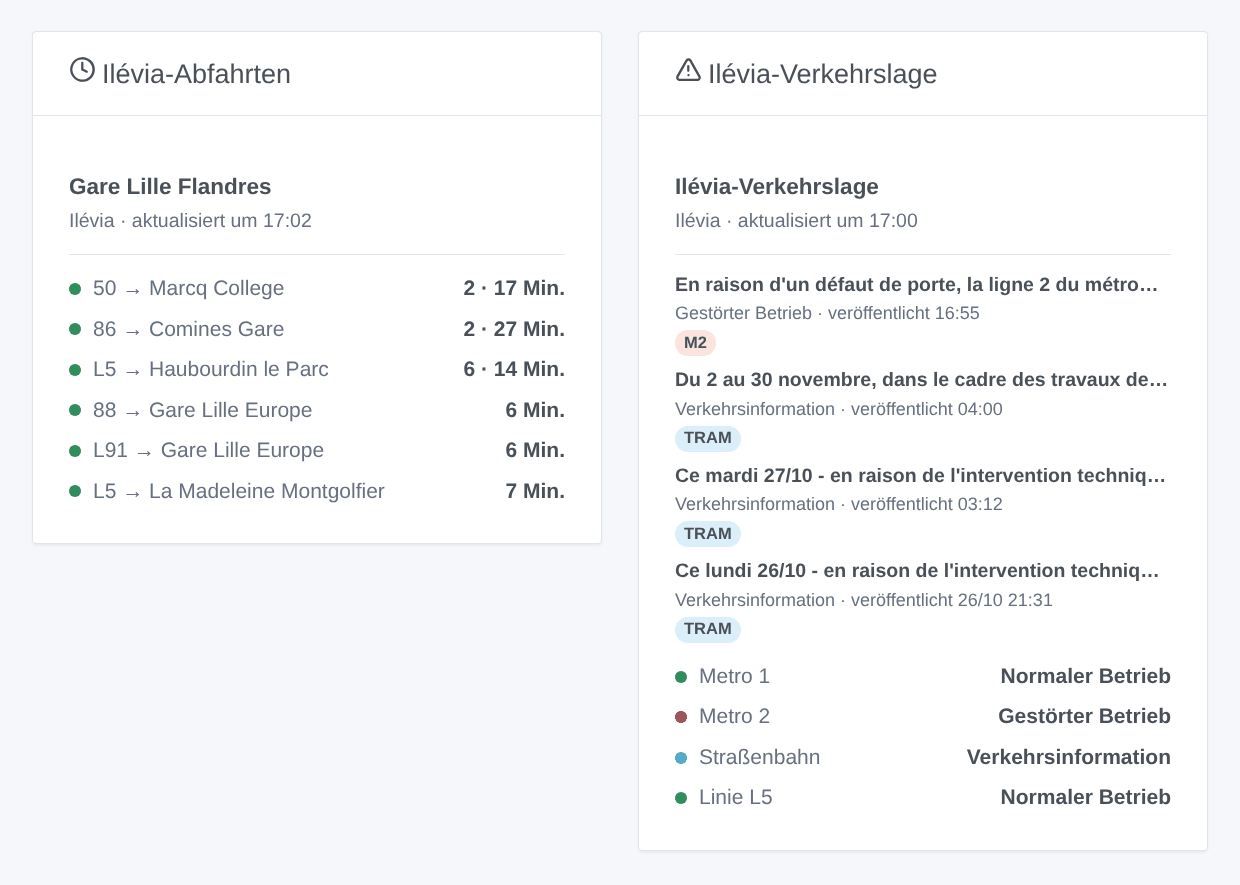 Das Widget Ilévia-Abfahrten an Gare Lille Flandres und das Widget Ilévia-Verkehrslage für Metro, Straßenbahn und eine Buslinie (generierte Illustration, kein Screenshot)