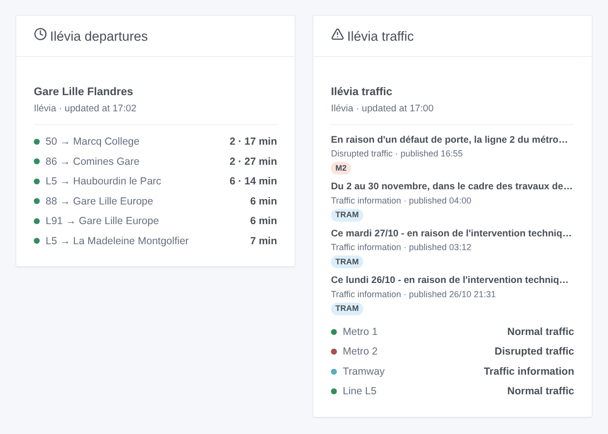 The Ilévia departures widget at Gare Lille Flandres and the Ilévia traffic widget of the metro, the tram and a bus line (generated illustration, not a screenshot)