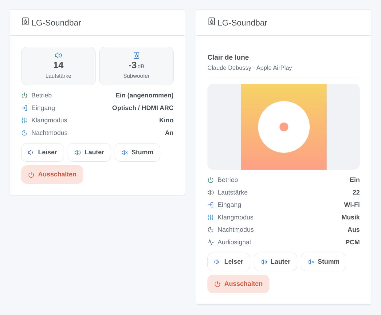 Das Widget LG-Soundbar: eine Soundbar am Fernseher und eine, die Musik über AirPlay mit Cover abspielt (generierte Illustration, kein Screenshot)
