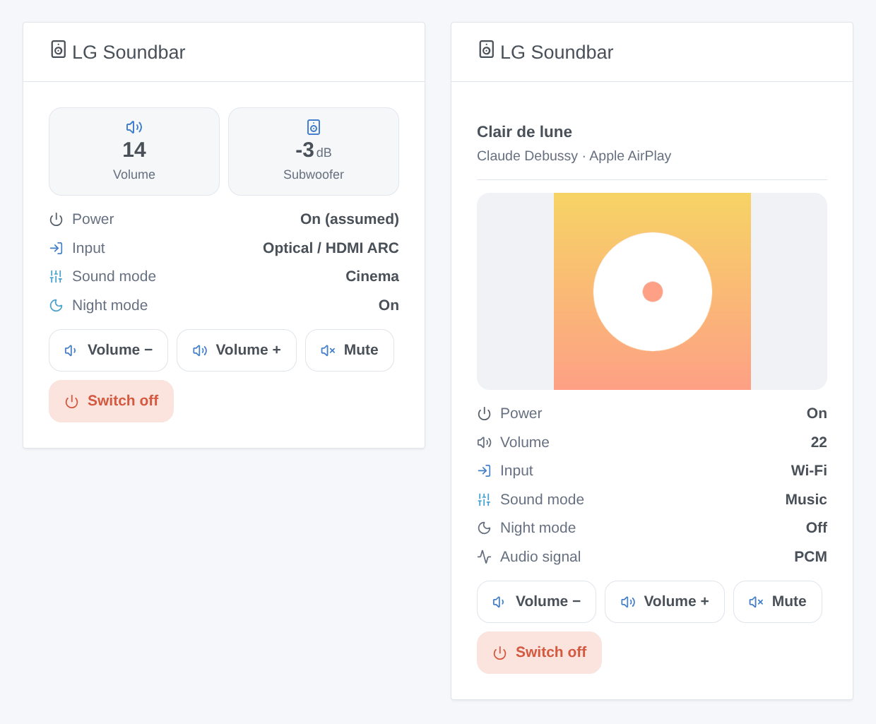 The LG Soundbar widget: a soundbar used with the TV, and one playing music over AirPlay with its cover (generated illustration, not a screenshot)