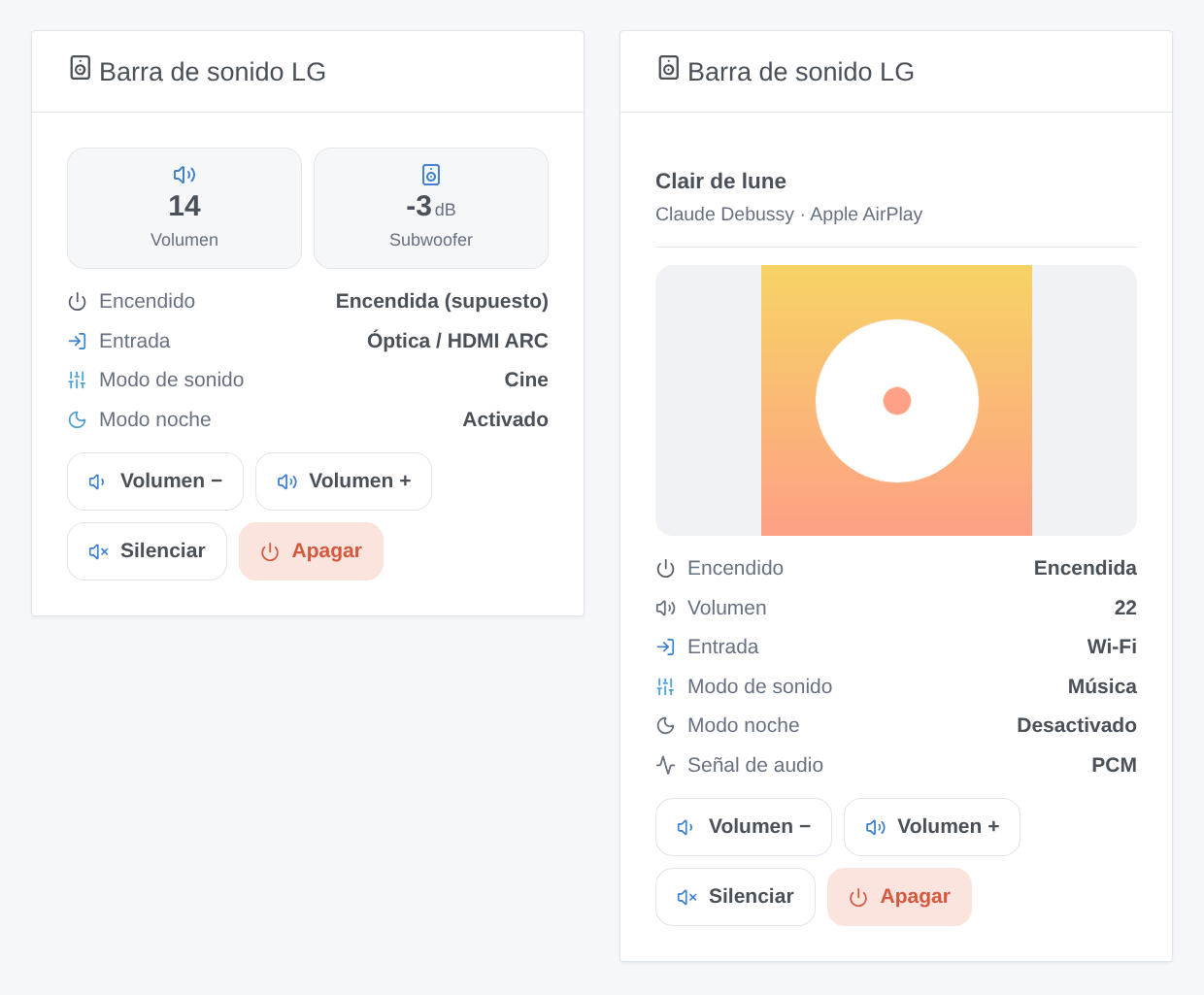 El widget Barra de sonido LG: una barra de sonido usada con la TV y otra que reproduce música por AirPlay con su portada (ilustración generada, no una captura de pantalla)