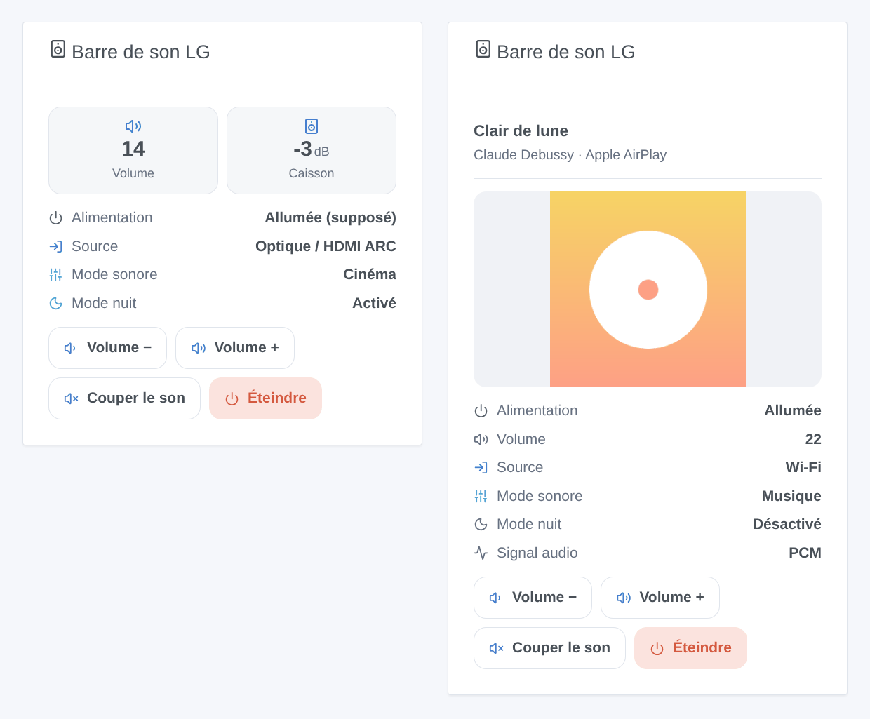 Le widget Barre de son LG : une barre de son utilisée avec la TV, et une autre qui joue de la musique par AirPlay avec sa pochette (illustration générée, pas une capture d’écran)