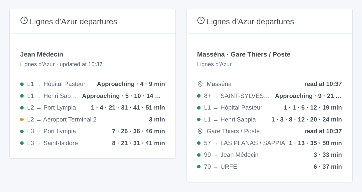 The Lignes d'Azur departures widget at Jean Médecin and at several stops (generated illustration, not a screenshot)