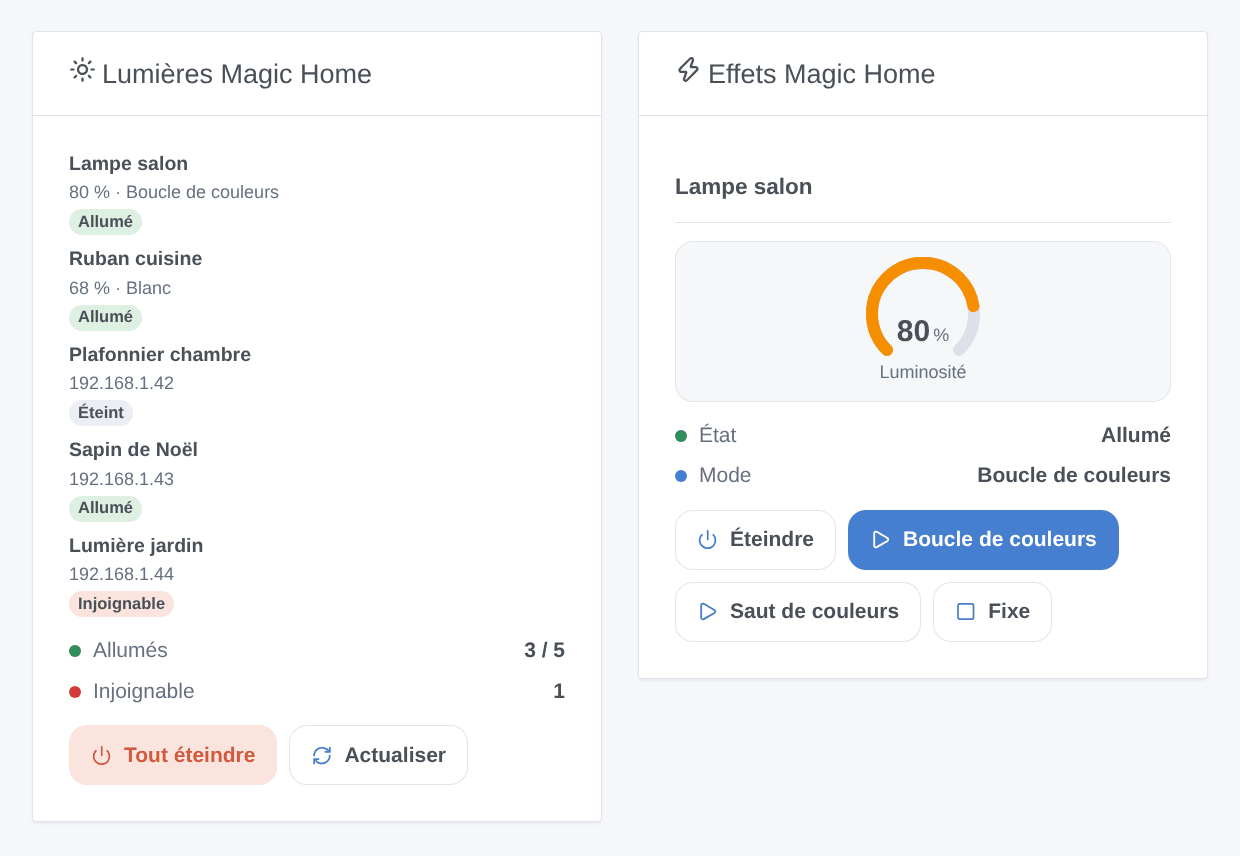 Widgets Lumières Magic Home et Effets Magic Home (illustration générée, pas une capture d'écran)