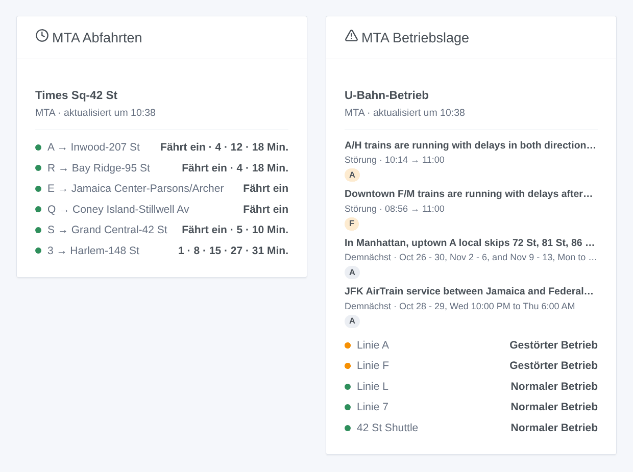 Das Widget MTA Abfahrten an Times Sq-42 St und das Widget MTA Betriebslage für fünf Linien (generierte Illustration, kein Screenshot)