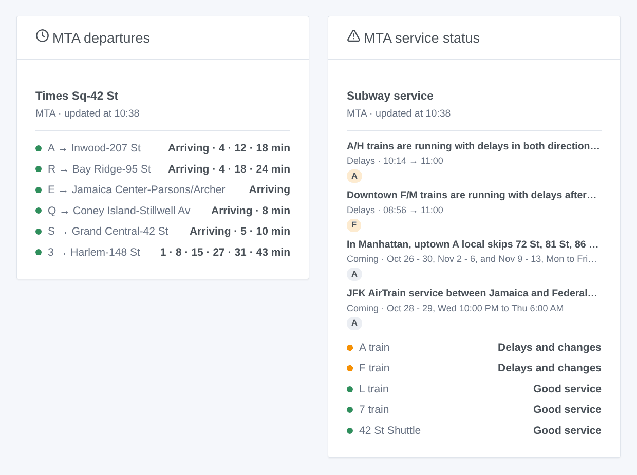 The MTA departures widget at Times Sq-42 St and the MTA service status widget of five lines (generated illustration, not a screenshot)