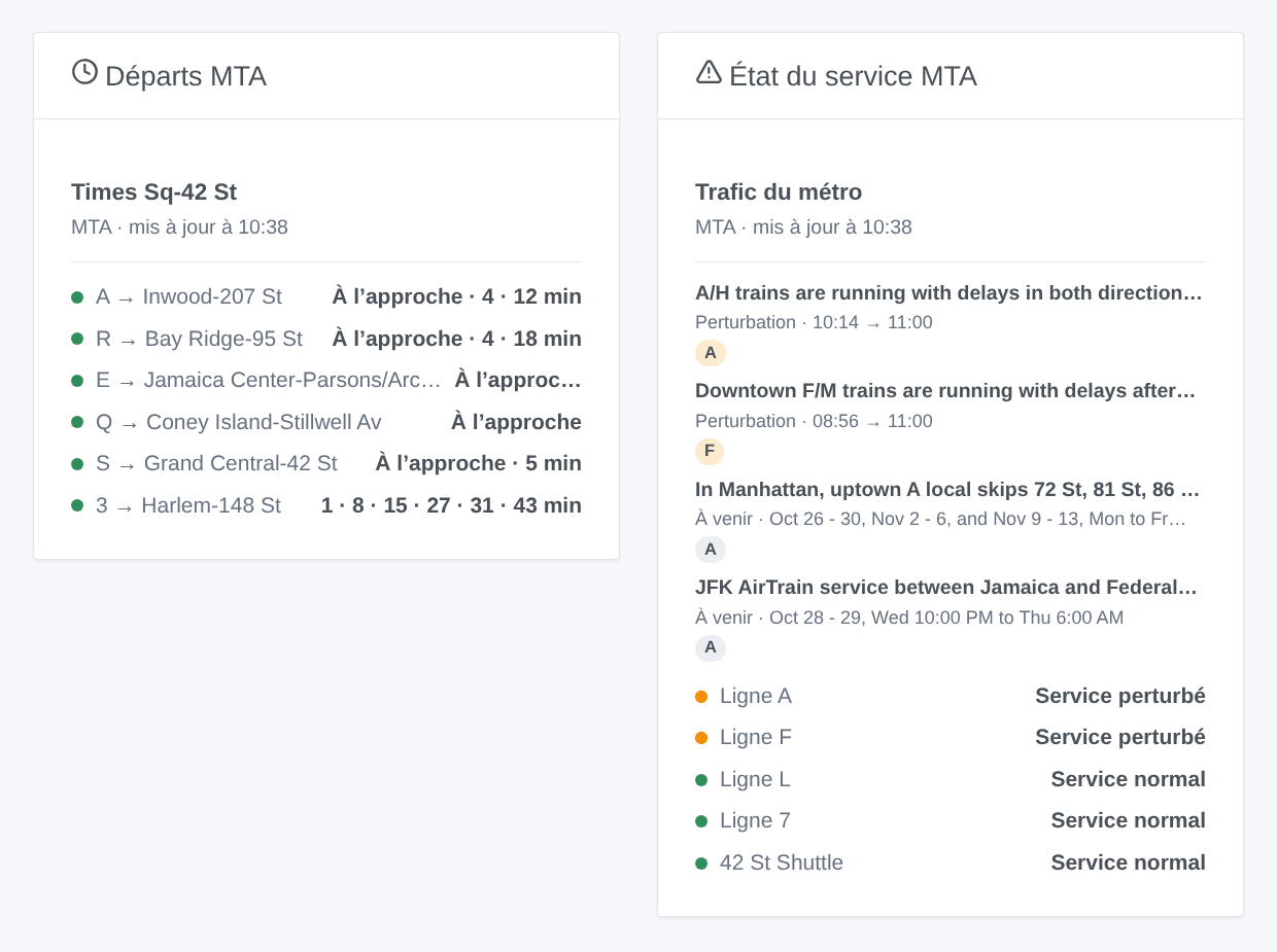 Le widget Départs MTA à Times Sq-42 St et le widget État du service MTA de cinq lignes (illustration générée, pas une capture d’écran)
