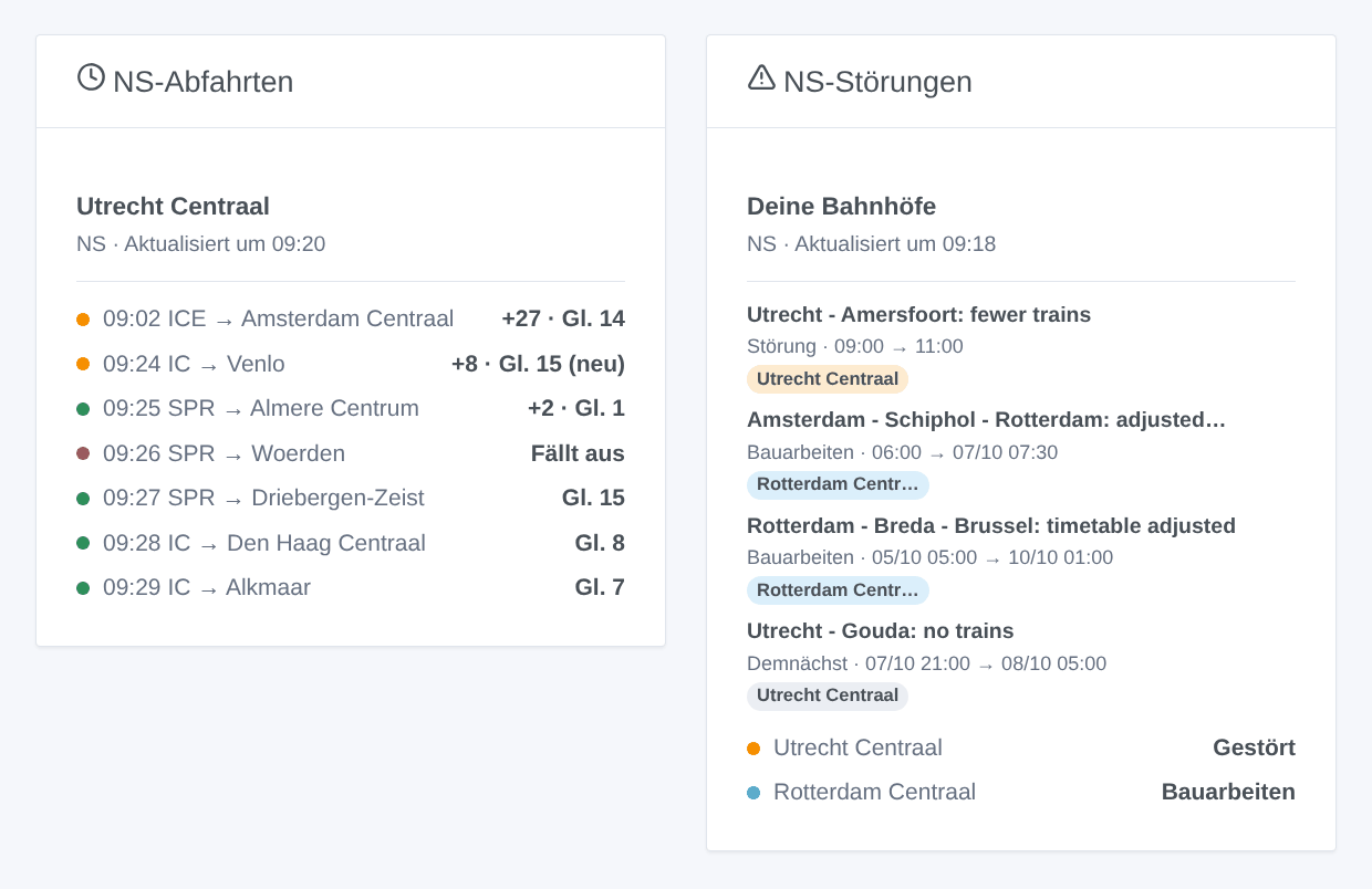 Das Widget NS-Abfahrten von Utrecht Centraal und das Widget NS-Störungen zweier Bahnhöfe (generierte Illustration, kein Screenshot)
