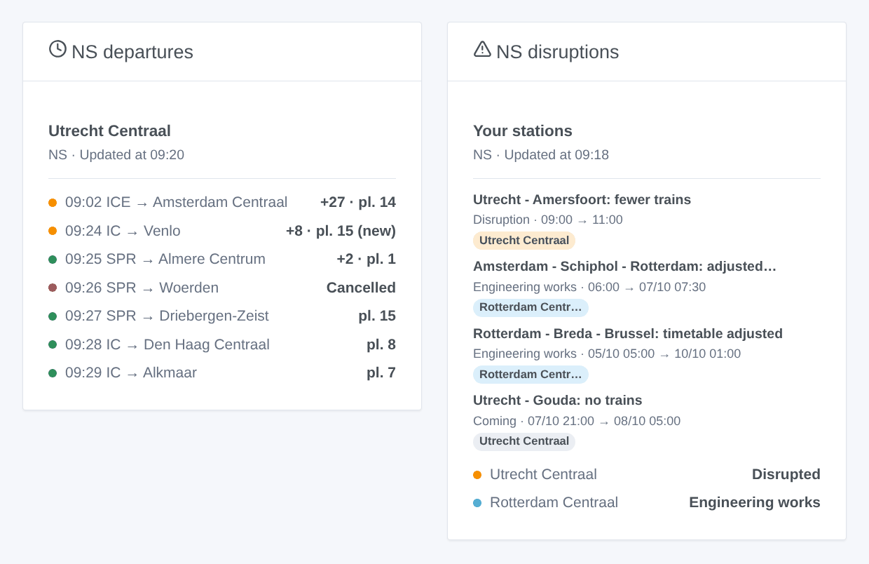 The NS departures widget of Utrecht Centraal and the NS disruptions widget of two stations (generated illustration, not a screenshot)