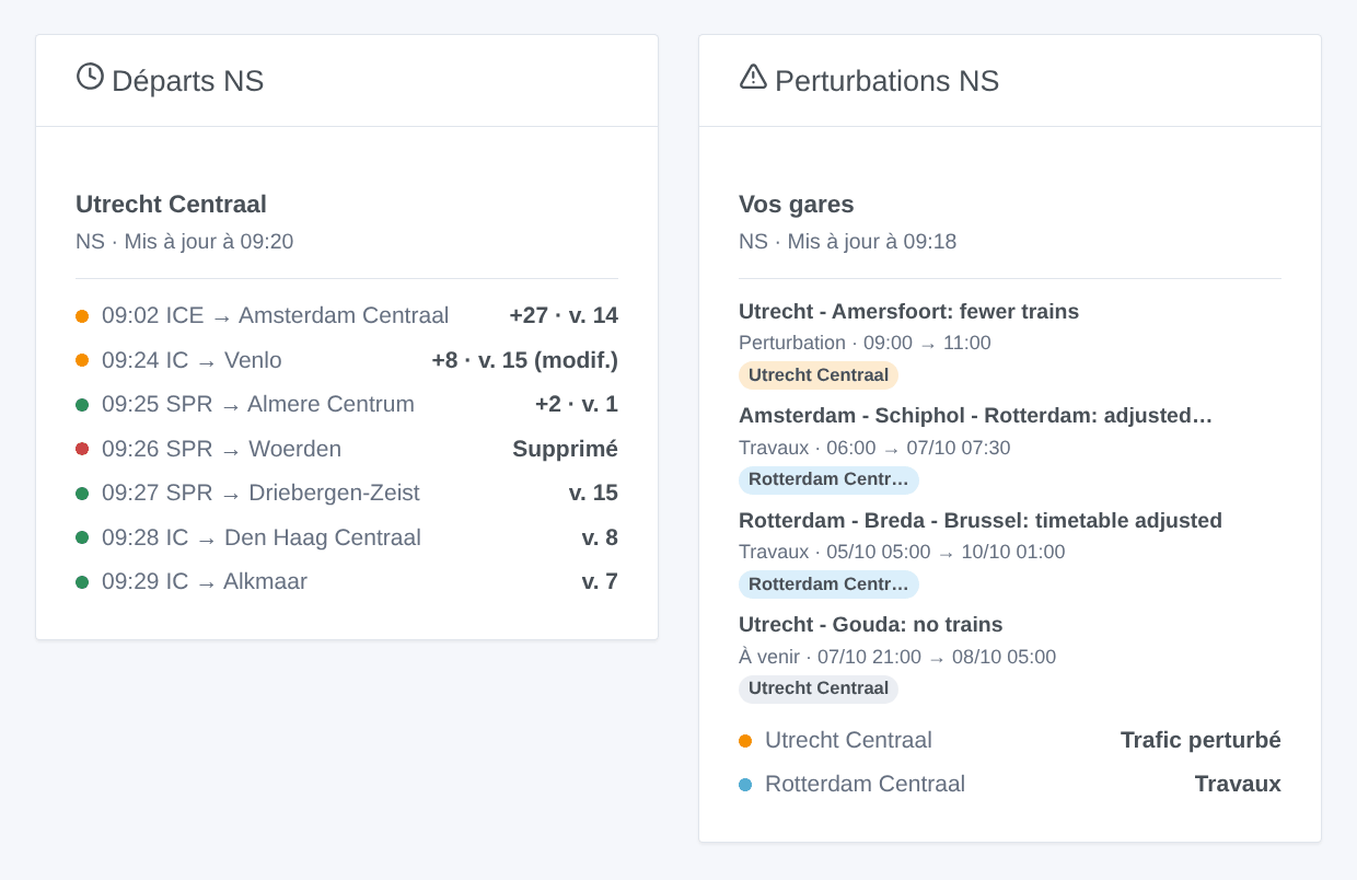 Le widget Départs NS d’Utrecht Centraal et le widget Perturbations NS de deux gares (illustration générée, pas une capture d’écran)