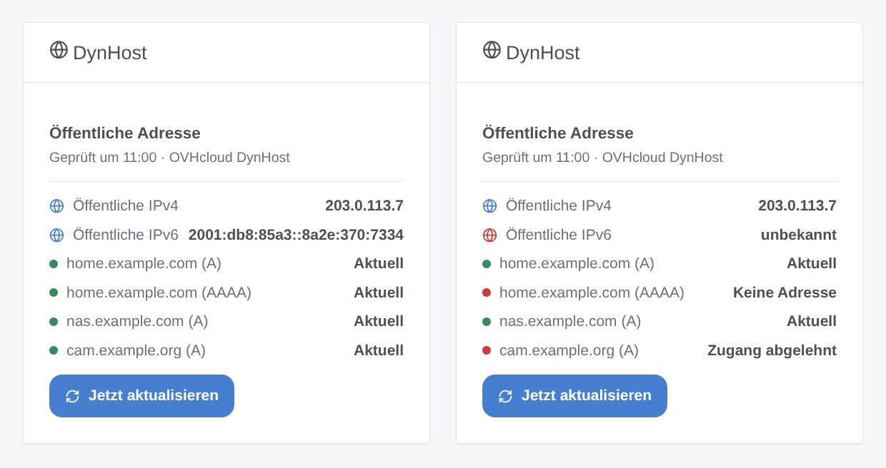 Das DynHost-Widget, alle Einträge aktuell, dann eine abgelehnte Kennung (generierte Illustration, kein Screenshot)