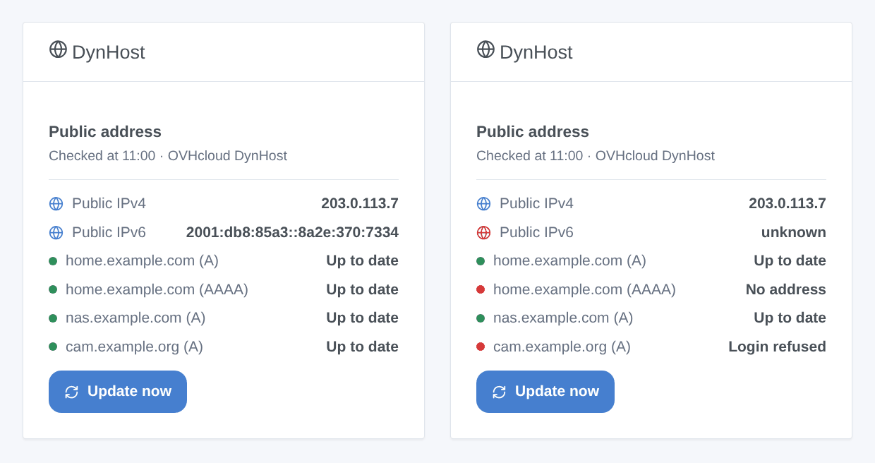 The DynHost widget, every record up to date, then a refused identifier (generated illustration, not a screenshot)