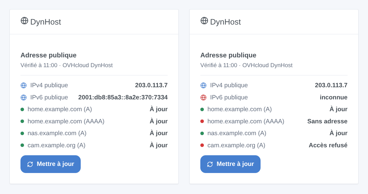 Le widget DynHost, tous les enregistrements à jour, puis un identifiant refusé (illustration générée, pas une capture d’écran)