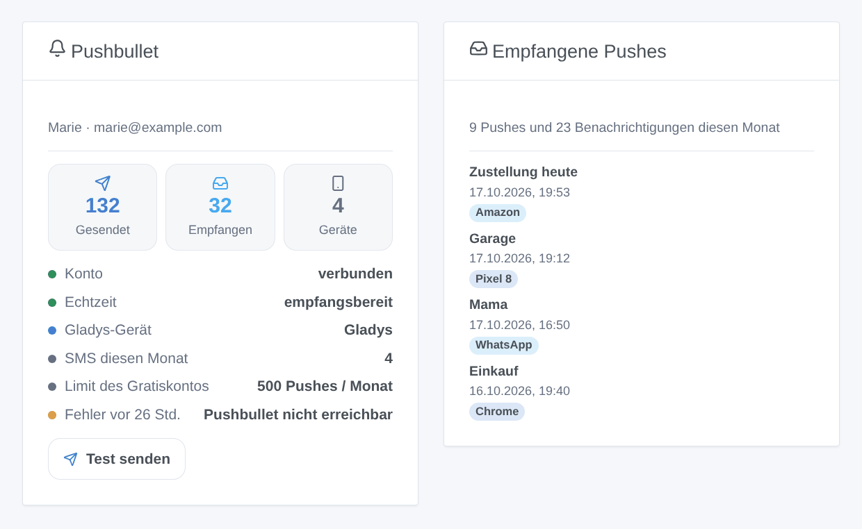 Die beiden Widgets der Integration: das Pushbullet-Konto mit seinen Pushes des Monats und die zuletzt empfangenen Pushes und Benachrichtigungen (generierte Illustration, kein Screenshot)