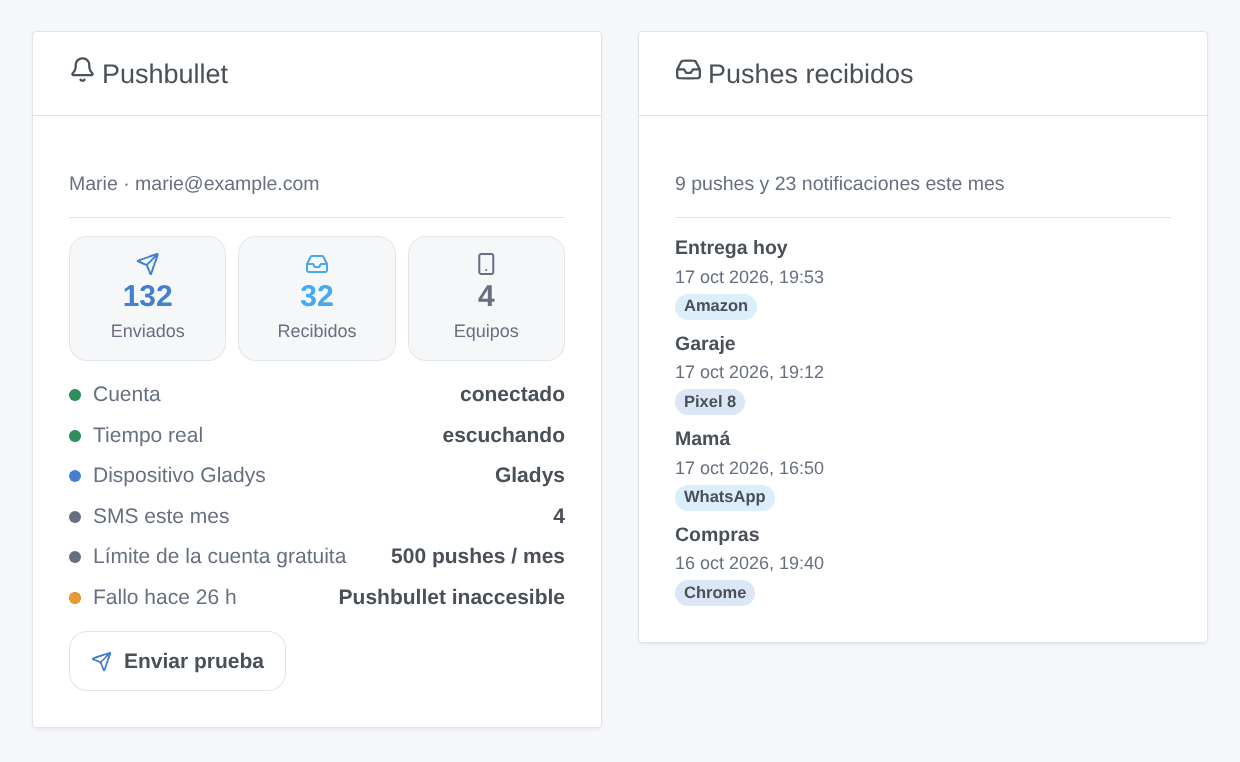 Los dos widgets de la integración: la cuenta de Pushbullet con sus pushes del mes, y los últimos pushes y notificaciones recibidos (ilustración generada, no una captura de pantalla)