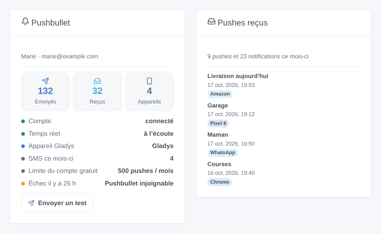 Les deux widgets de l'intégration : le compte Pushbullet avec ses pushes du mois, et les derniers pushes et notifications reçus (illustration générée, pas une capture d'écran)