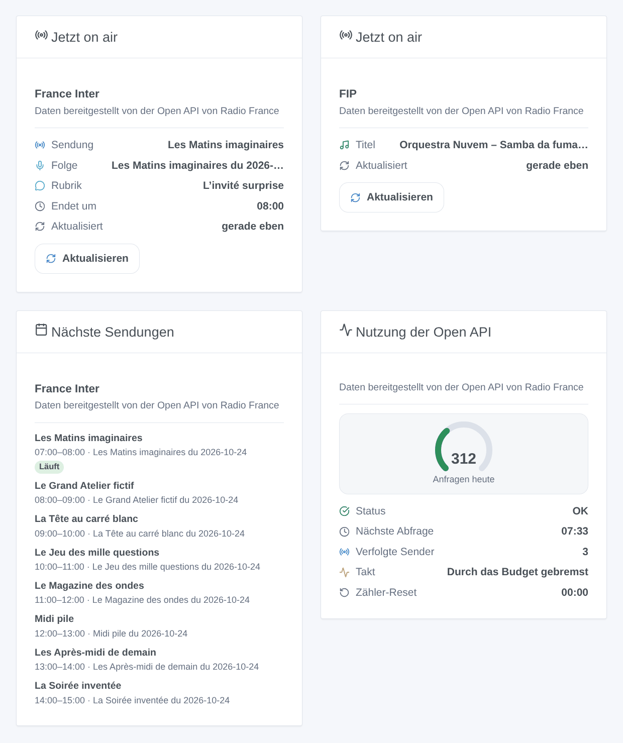 Die Widgets der Integration: jetzt on air auf einem Wortsender und auf einem Musiksender, die nächsten Sendungen, die Nutzung der Open API (generierte Illustration, kein Screenshot)