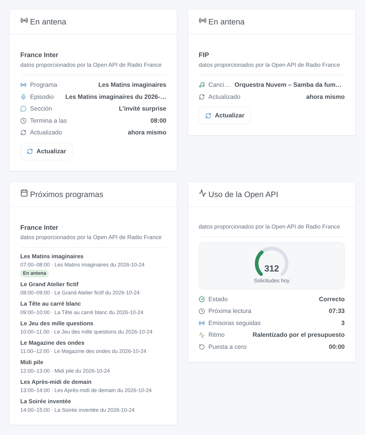 Los widgets de la integración: en antena en una emisora hablada y en una emisora musical, los próximos programas, el uso de la Open API (ilustración generada, no una captura de pantalla)