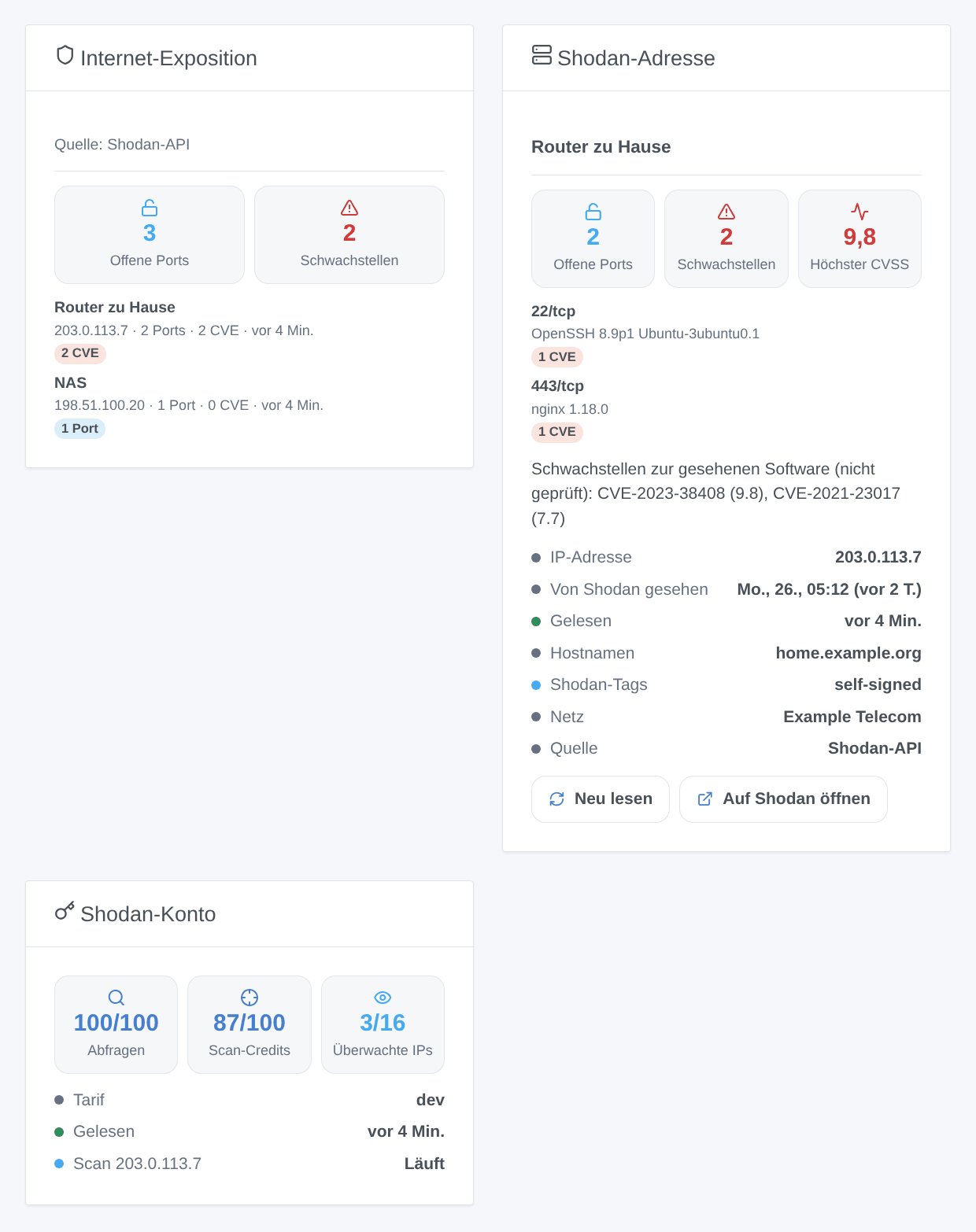Das Widget Internet-Exposition mit den offenen Ports und Schwachstellen der überwachten Adressen und das Widget Shodan-Adresse mit den Diensten und CVE einer Adresse (generierte Illustration, kein Screenshot)