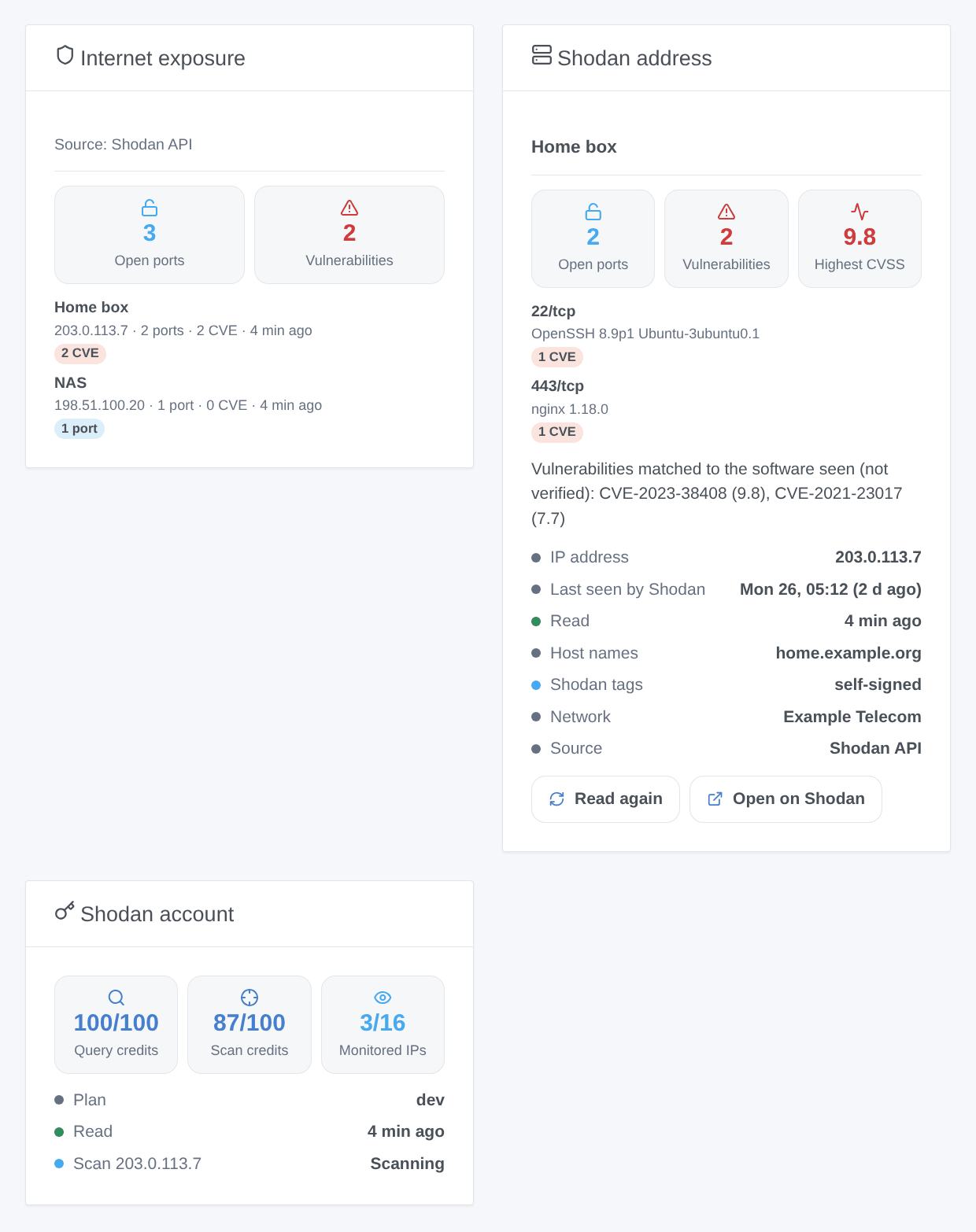 The Internet exposure widget with the open ports and vulnerabilities of the watched addresses, and the Shodan address widget with the services and CVE of one address (generated illustration, not a screenshot)